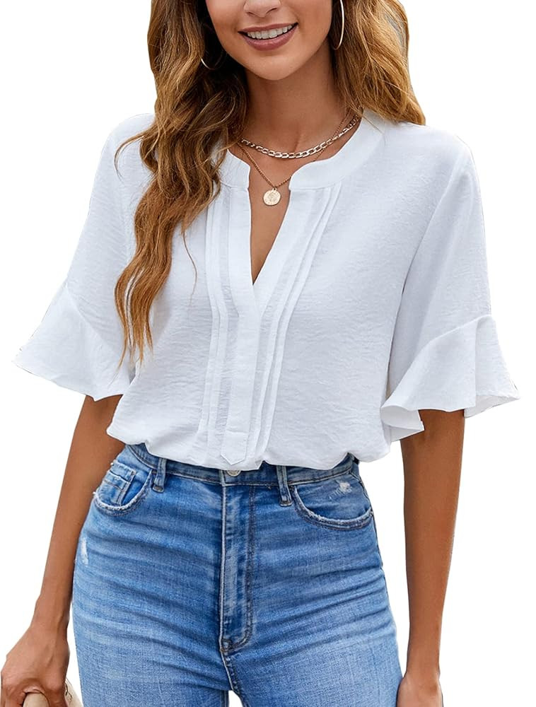BMJL Womens White Blouses Chiffon Ruffle Short Sleeve V Neck Business Casual Tops Summer Cute Shi... | Amazon (US)