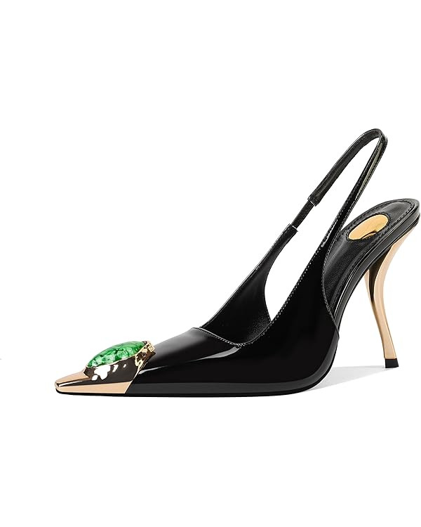 Women's Slingback Stiletto High Heels Crystal Metallic Closed Pointed Toe Pumps Patent Leather Sl... | Amazon (US)