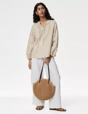 Linen Rich Striped Tie Neck Blouse | Marks & Spencer (UK)