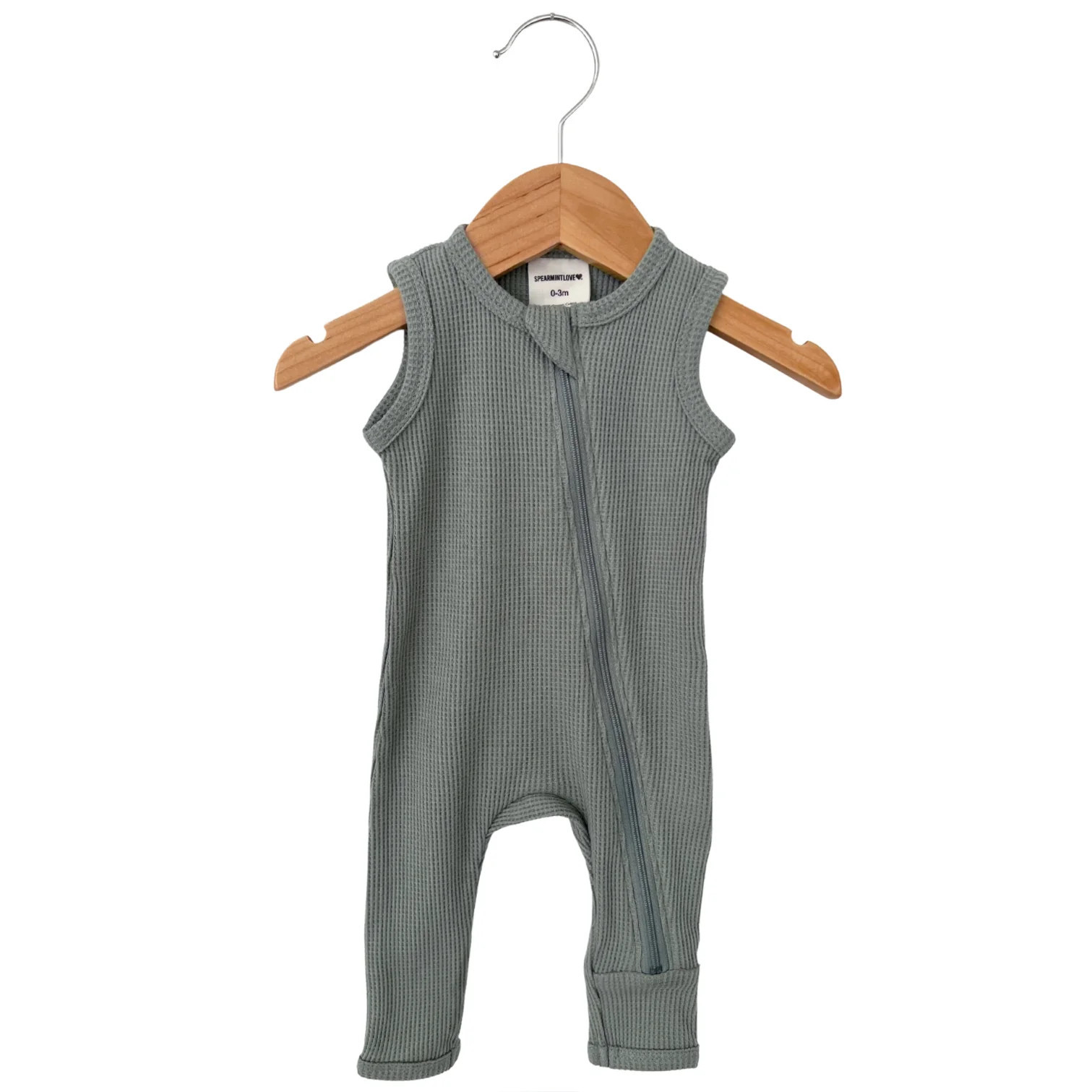 Organic Waffle Sleeveless Zip Romper, Mountain Green | SpearmintLOVE