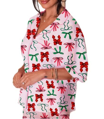 Leyajedol Women Cute Bow Print Pajama Set Short Sleeve Button Shirt Shorts Love Heart Holiday Pj Satin 2 Piece Lounge Outfit | Amazon (US)