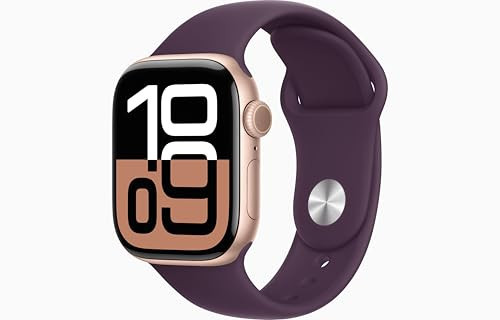 Apple Watch Series 10 [GPS, 46mm] - Rose Gold Aluminum Case with Plum Sport Band, S/M (Renewed) | Amazon (US)