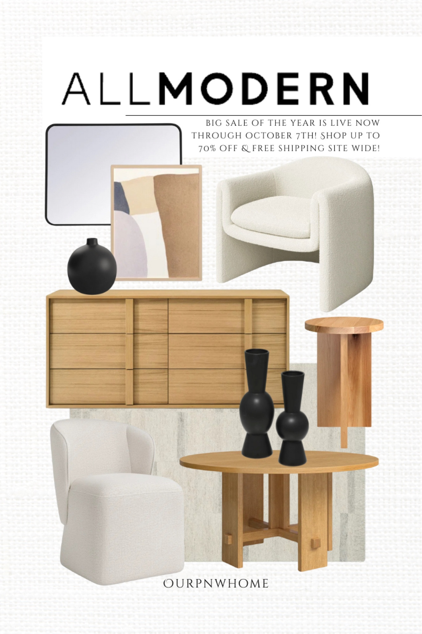 All Modern’s BIG Sale of the year is LIVE! Shop up to 70% off & site wide FREE shipping!! Now through 10/7
@allmodern #modernmadesimple #allmodernpartner
Modern home, modern furniture, neutral home, wall mirror, dresser, cabinet, sideboard, black vase, wood nightstand, console table, living room furniture, bedroom furniture, upholstered bed frame, accent chair, swivel chair, sofa, velvet couch, bedside table, accent table, white vase, coffee table, end table, side table, geometric wall art

#LTKStyleTip #LTKHome #LTKSaleAlert