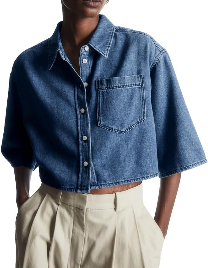 Tankaneo Womens Crop Denim Shirt Half Sleeve Button Down Short Jean Jacket with Pocket | Amazon (US)