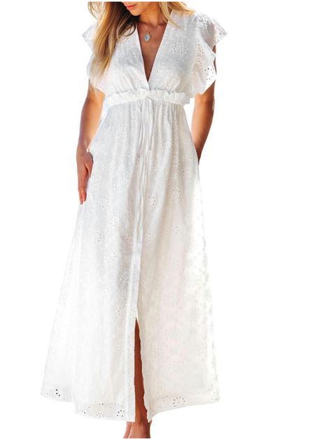 CUPSHE Women's White Eyelet Dress Plunging Short Flutter Sleeves Empire Waist with Tie Partial Front Buttons Maxi Dress

#LTKFindsUnder50