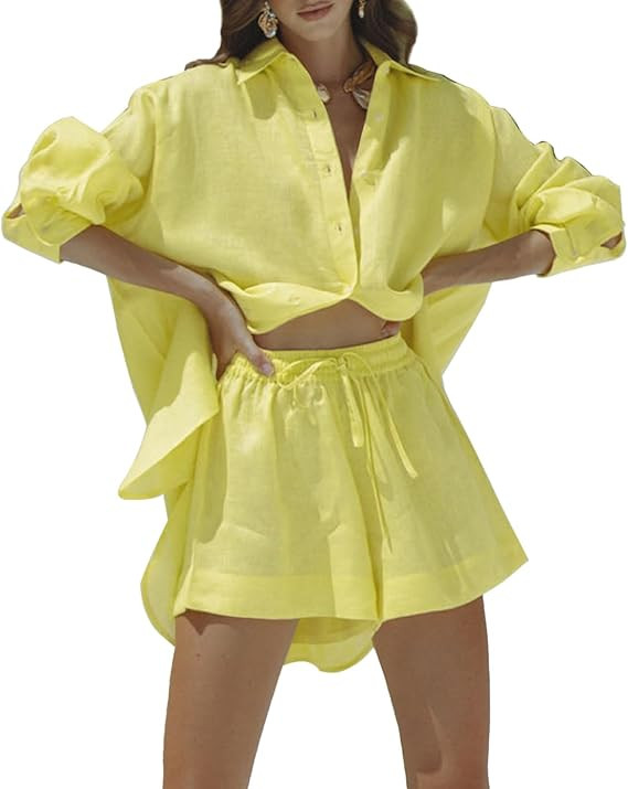 Fixmatti Women 2 Piece Outfits Long Sleeve Button Down Shirt and Shorts Set Casual Sweatsuits | Amazon (US)
