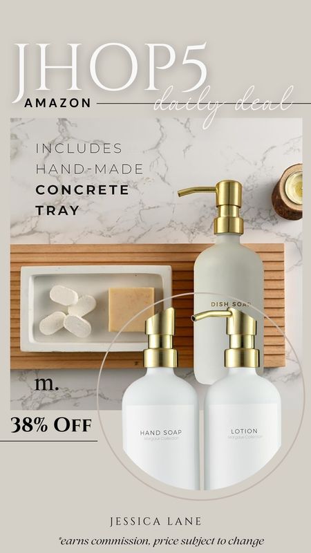 Amazon daily deal, save 38% on this gorgeous set of two soap and lotion dispensers with labels and handmade concrete tray. Amazon home, Amazon soap dispenser, soap and lotion dispensers, bathroom accessories, kitchen accessories, Amazon deal

#LTKSaleAlert #LTKFindsUnder50 #LTKHome