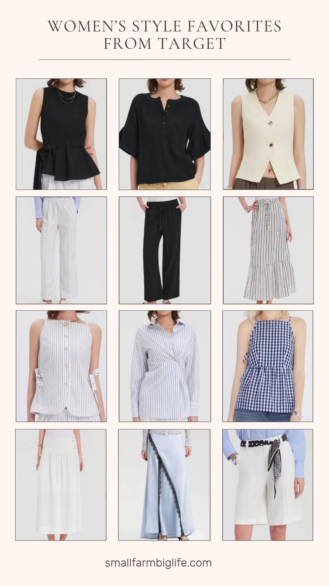 These women’s style favorites from Target are perfect for spring and summer outfits. I’m loving the mix of tailored trousers, breezy skirts, vests, and lightweight blouses in classic colors like white, blue, and black. These pieces are easy to mix and match for casual outfits, work looks, or everyday style. 

 #LTKgrwm #LTKootd #LTKOver40