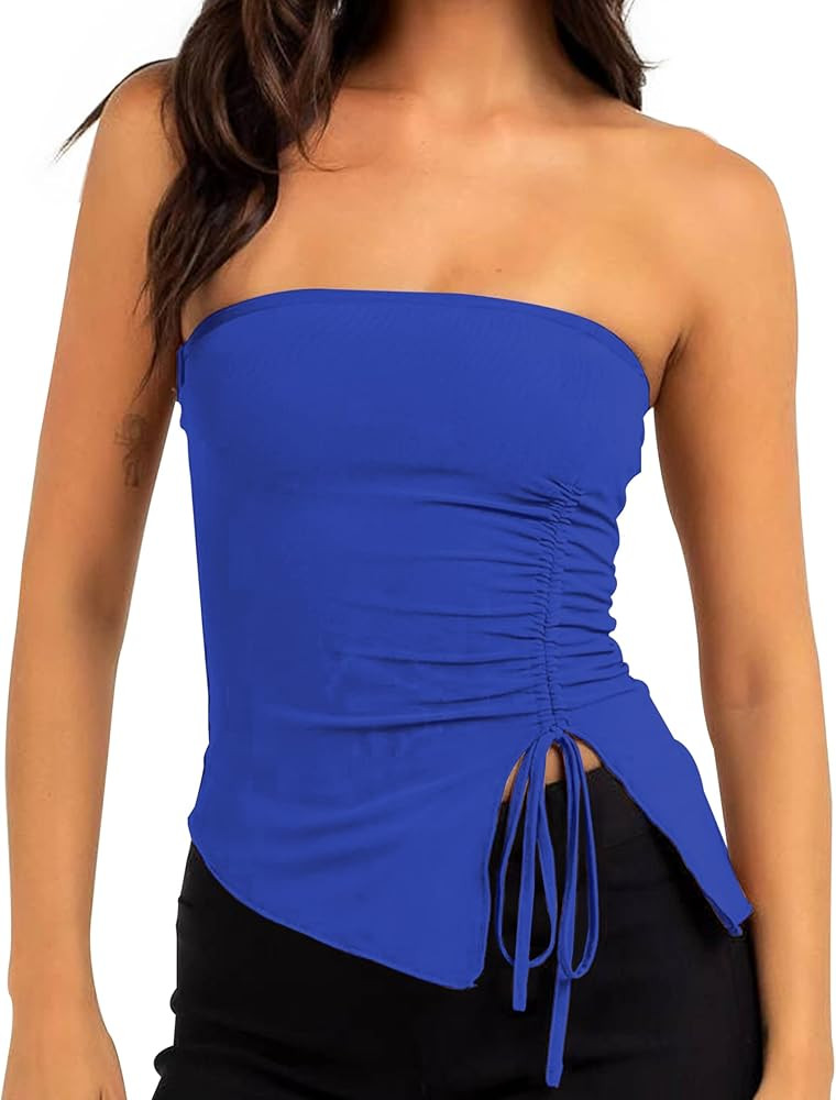 MISSACTIVER Women’s Strapless Sleeveless Tube Top Mesh Double Layer Ruched Side Asymmetrical La... | Amazon (US)