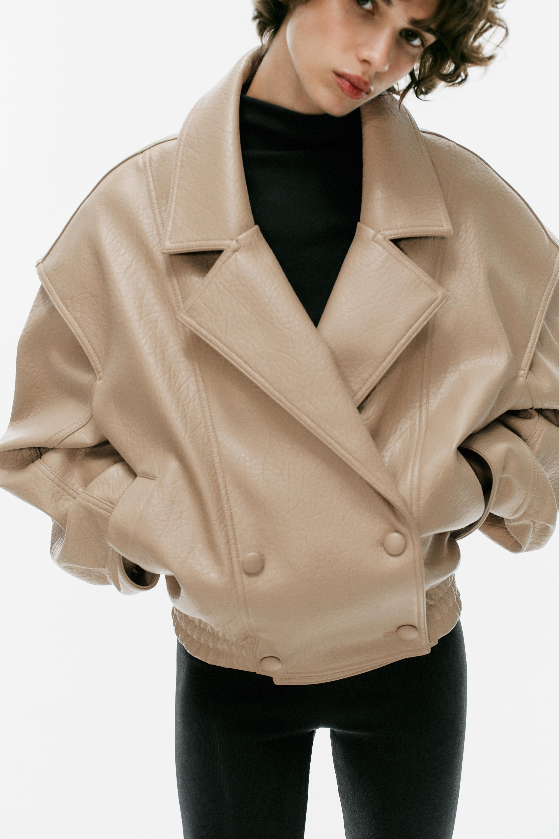 Zara - Faux Leather Bomber Jacket - Stone - M - Woman | Zara US