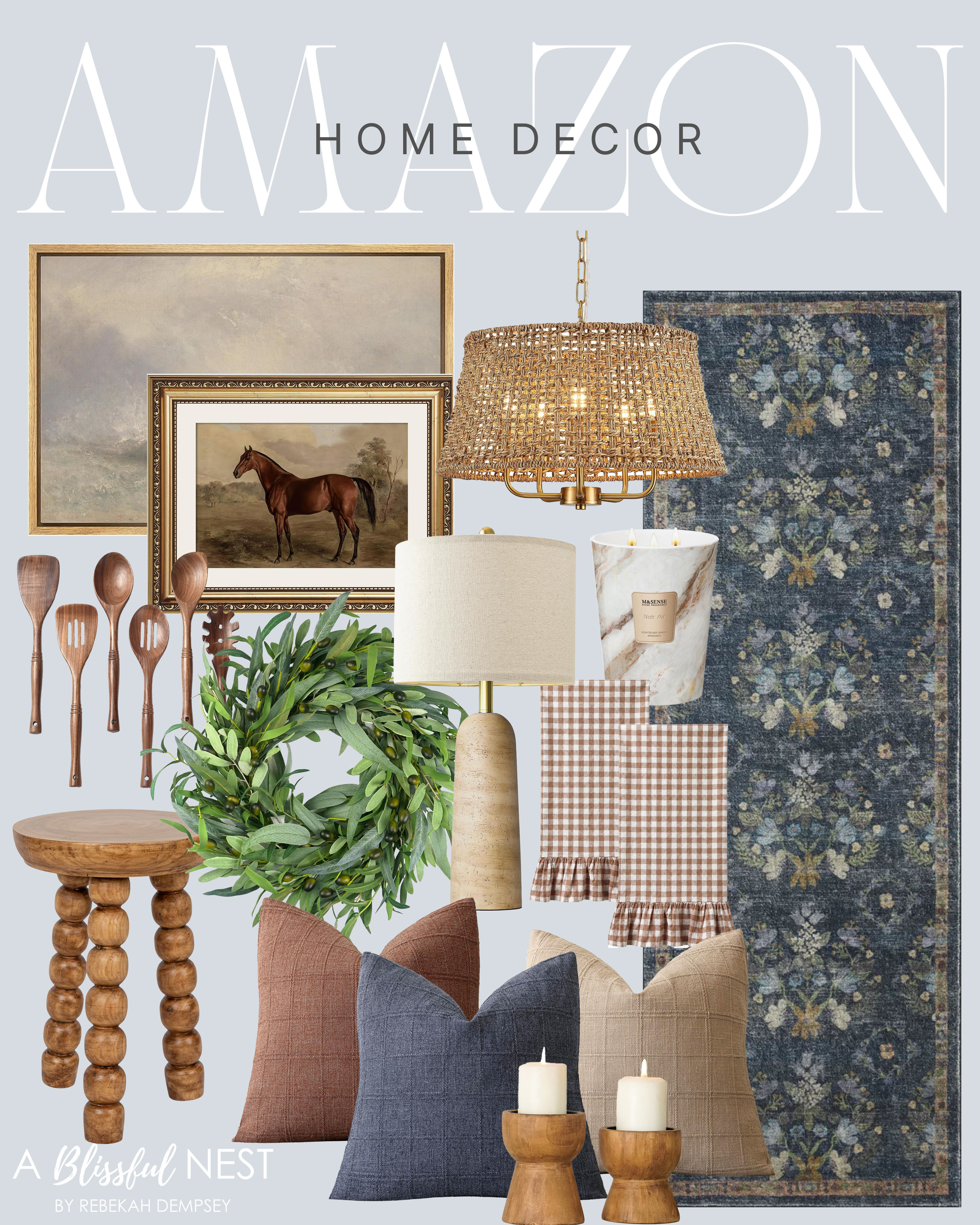 Beautiful Amazon home decor that looks so much more expensive. Tap to shop.

Landscape wall art, framed horse painting, wooden kitchen utensil set, olive branch wreath, woven wood bead chandelier, floral runner rug, marble jar candle, gingham ruffle napkins, wood table lamp, bobbin wood stool, throw pillows, and wood candlesticks. 

 #LTKHome