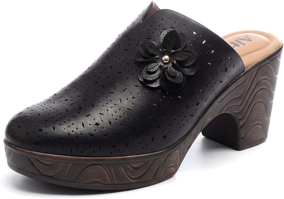 Women's Hollow Out Flower Upper Low Block Chunky Heels Comfy Slip On Wood Grain Open Back Mule Cl... | Amazon (US)