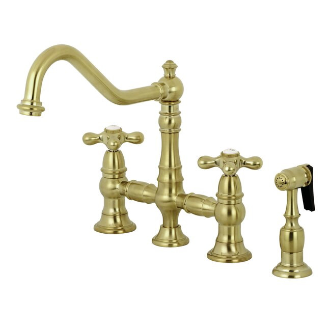 Kingston Brass Restoration Brushed Brass Double Handle Bridge Kitchen Faucet with Sprayer (Side S... | Lowe's