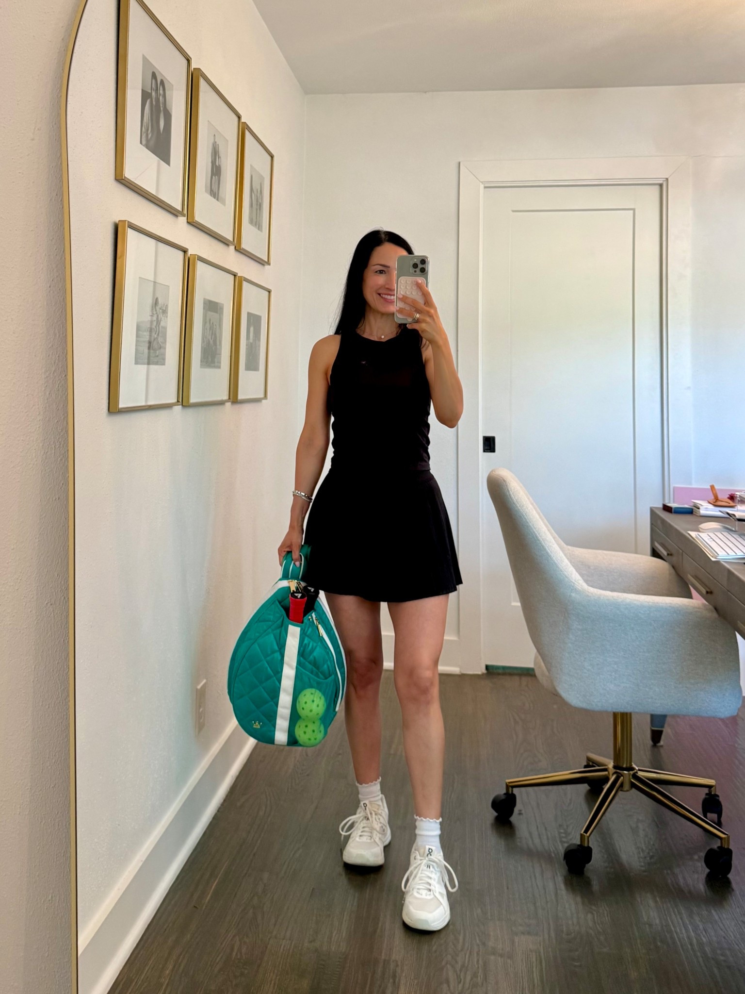 Ootd for a pickleball event🖤 kept it simple with my favorite micro pleated Lululemon skirt, target tank, Oliver Thomas bag, and on sneakers. 

#LTKActive #LTKPetite #LTKootd