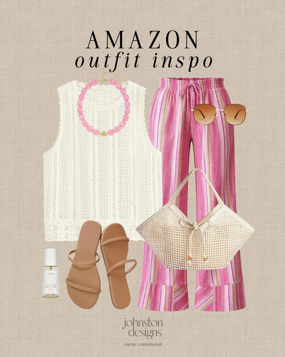 Amazon outfit inspo with breezy pink pants, crochet texture and easy summer accessories. 💕

Amazon style, outfit inspo, summer outfit, crochet top, pink pants, striped pants, slide sandals, woven tote, sunglasses, beaded necklace, beach outfit, vacation look, casual style, warm weather fashion, affordable finds 

 #LTKootd