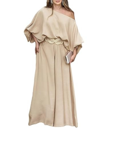 CHICME Women Summer 2 Piece Outfits Off Shoulder Lantern Sleeve Top Flowy Wide Leg Pants Set Apricot Vacation Beach Travel Outfits-L | Amazon (US)