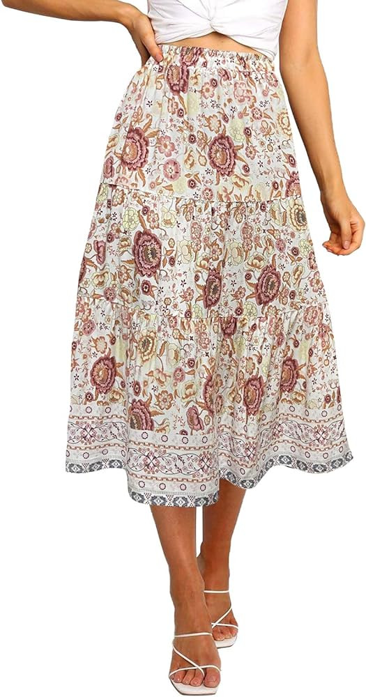 MEROKEETY Women's Boho Leopard Print Skirt Pleated A-Line Swing Midi Skirts | Amazon (US)