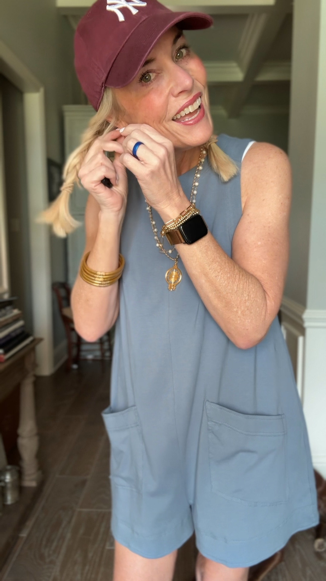 Today’s OOTD is a casual Free People-inspired romper. It’s perfect for a day like today:  running errands, or vacation, a swimsuit cover-up, all the things.   I’m in my true size medium. I’m wearing a padded long line sports tank underneath and paired it with a baseball cap and Nike Court Legacy Lifts, my every day jewelry from Amazon and my gorgeous Sunburst Serenade necklace from Jennifer Ponson. Let me know if you are interested in my discount code and link for the necklace.

#LTKOver40 #LTKStyleTip #LTKActive