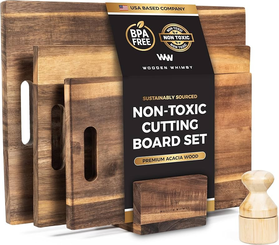 Modern Acacia Cutting Board Set with Holder and Oil Applicator- 3-Piece Wooden Kitchen Butcher Bl... | Amazon (US)