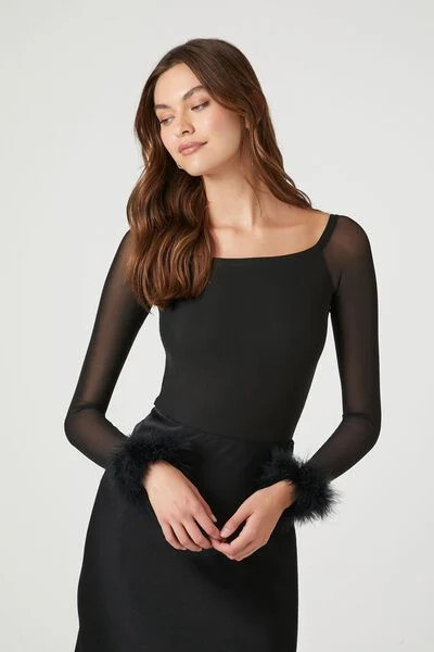 Feather-Trim Long-Sleeve Bodysuit | Forever 21 (US)