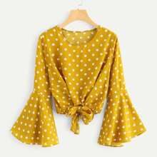 Fluted Sleeve Polka Dot Knot Front Top | SHEIN