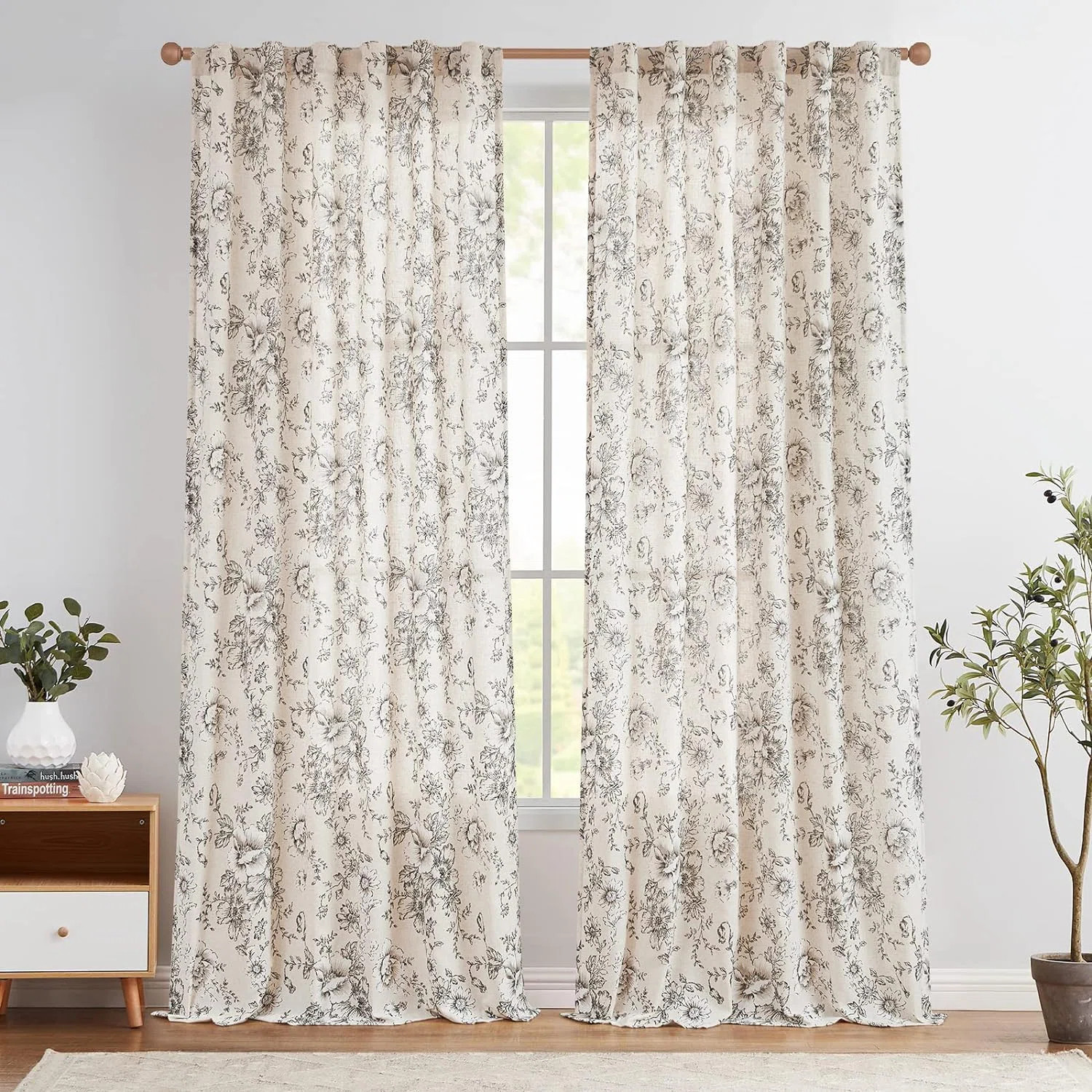 Neacsa Linen Semi Sheer Peony Flower Patterned Rod Pocket Curtain Pair (Set of 2) | Wayfair North America