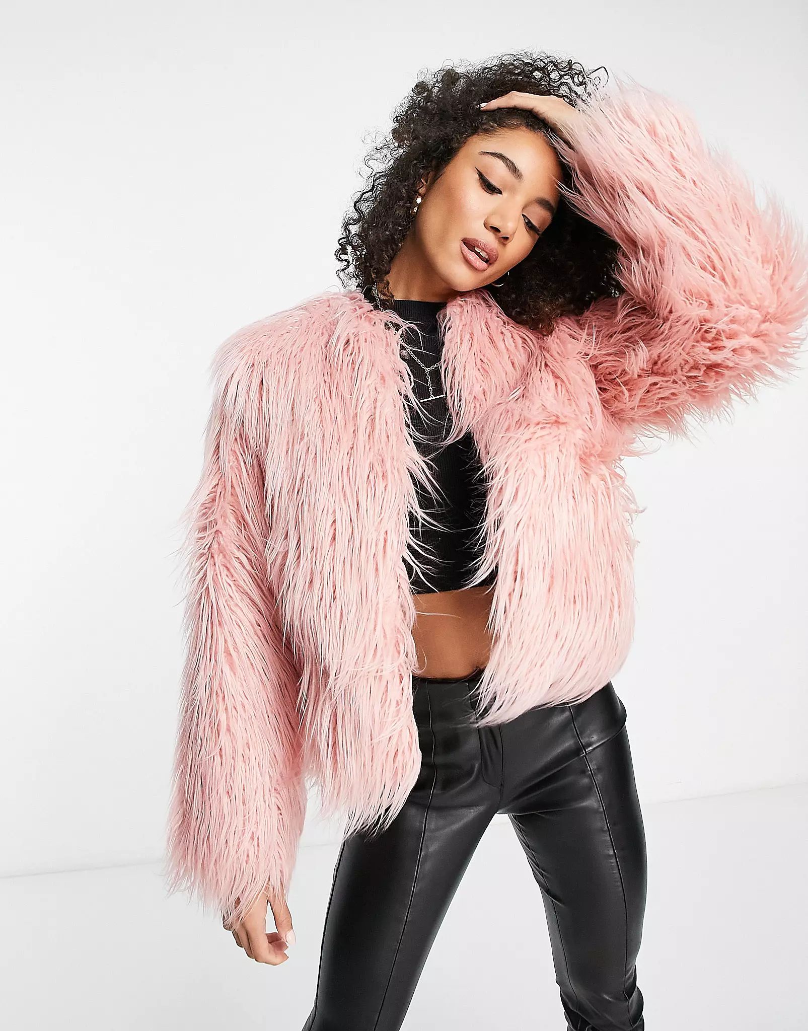 River Island faux fur jacket in light pink | ASOS (Global)