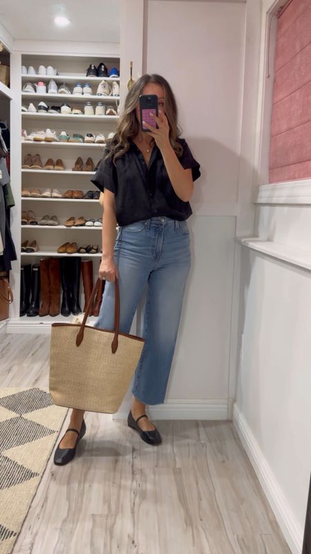 All these pieces are 🤌🏼
Linen shirt comes in mote colors. Wearing xs and style is roomy. 
Jeans tts (don’t be afraid to shorten the hem to get the perfect length for you). I’m 5’6 wearing standard length.  
Mary Jane Flats tts. The leather is so soft! 
Straw tote with leather trim is perfect for summer! 

#LTKShoeCrush #LTKStyleTip #LTKItBag