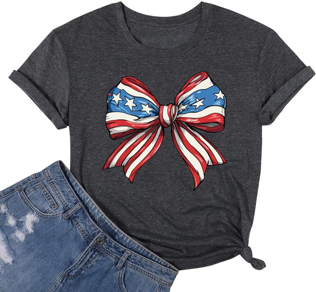 American Flag Shirt Women Coquette Bow Patriotic T-Shirt 4th of July American Girly Graphic Tees | Amazon (US)