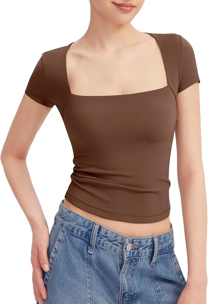 PUMIEY Women's Square Neck Going Out Tops Sexy Slim Fit Short Sleeve T Shirts Smoke Cloud Pro Collection | Amazon (US)