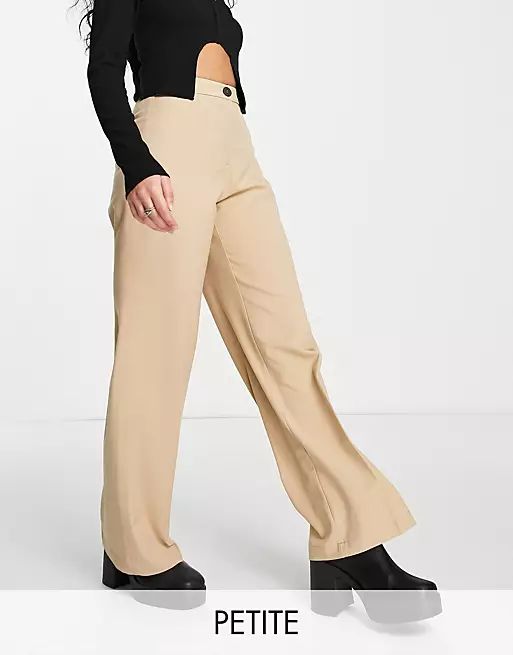 Bershka Petite wide leg slouchy dad tailored trousers in camel | ASOS (Global)