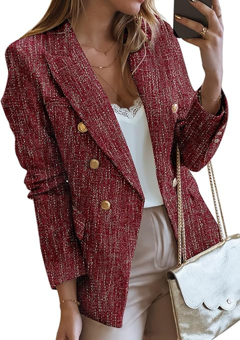 Happy Sailed Womens Tweed Blazers Casual Long Sleeve Double Breasted Open Front Blazer Jackets Wo... | Amazon (US)