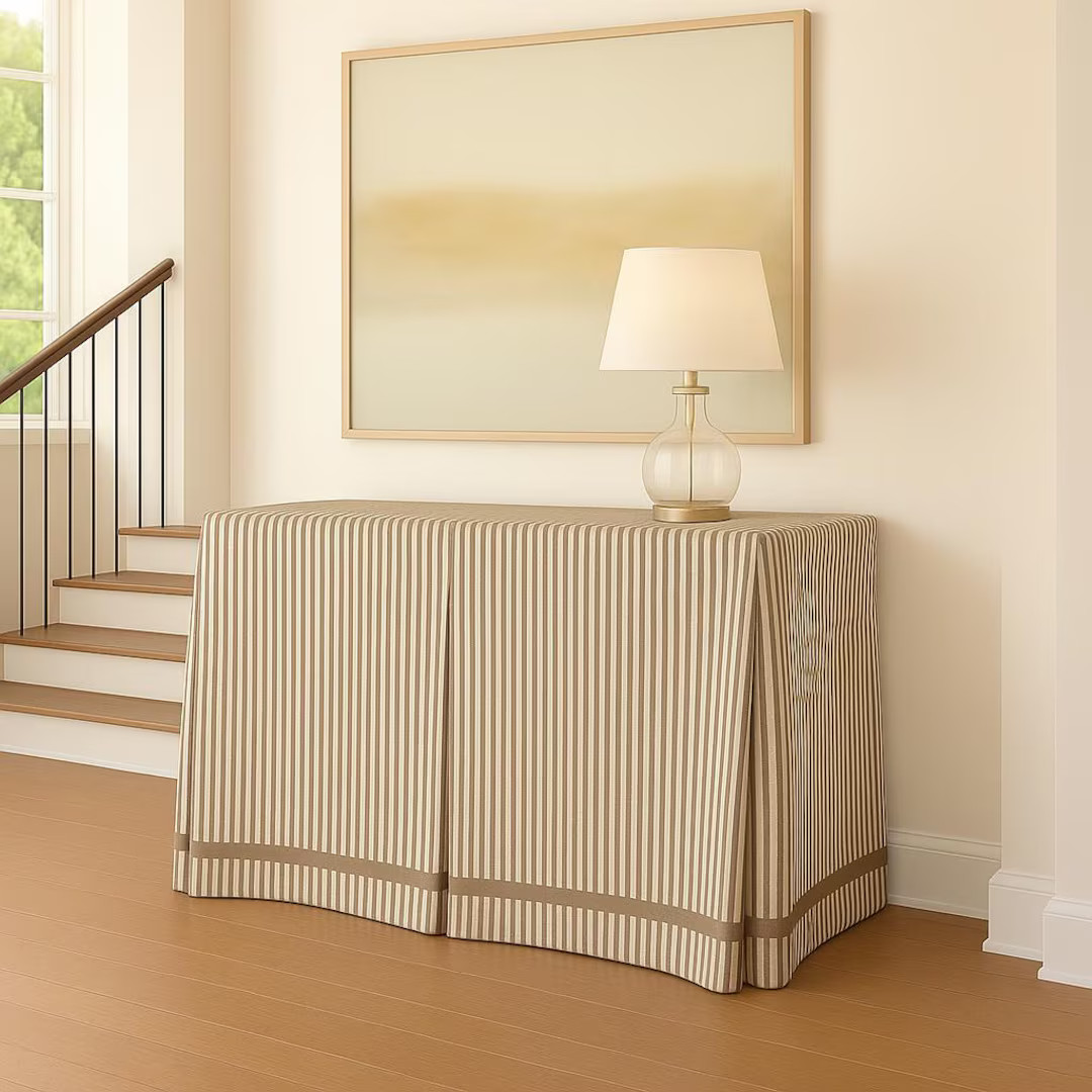 Brown ticking Rectangular tableskirt, Grosgrain trim Ticking stripe Pleated cotton table skirt co... | Etsy (US)