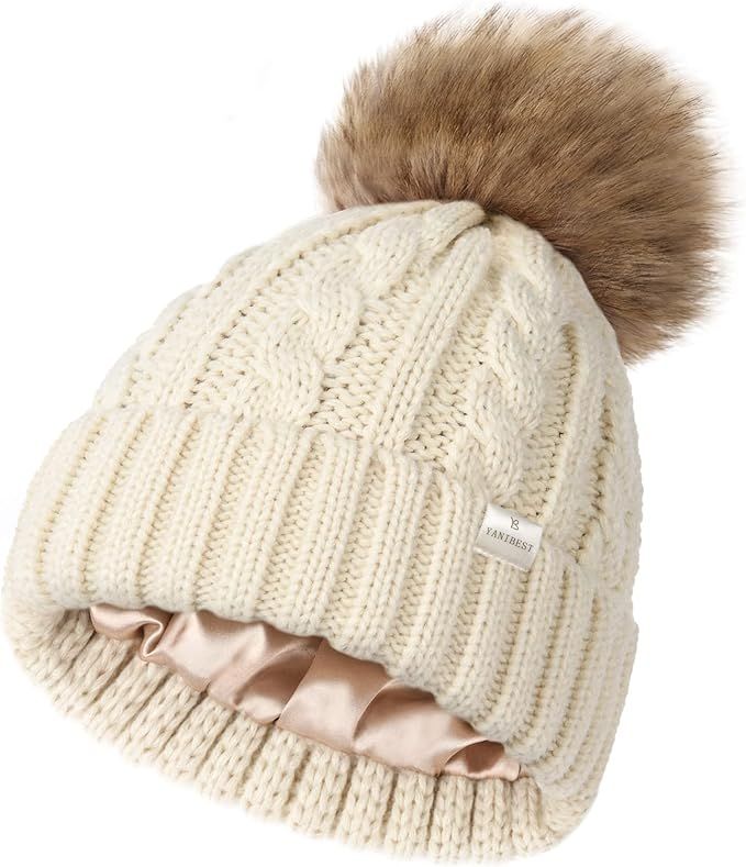 YANIBEST Womens Winter Beanie Hat Satin Lined Knitted Beanie Hat Warm Soft Ski Cuff Cap with Pom ... | Amazon (US)