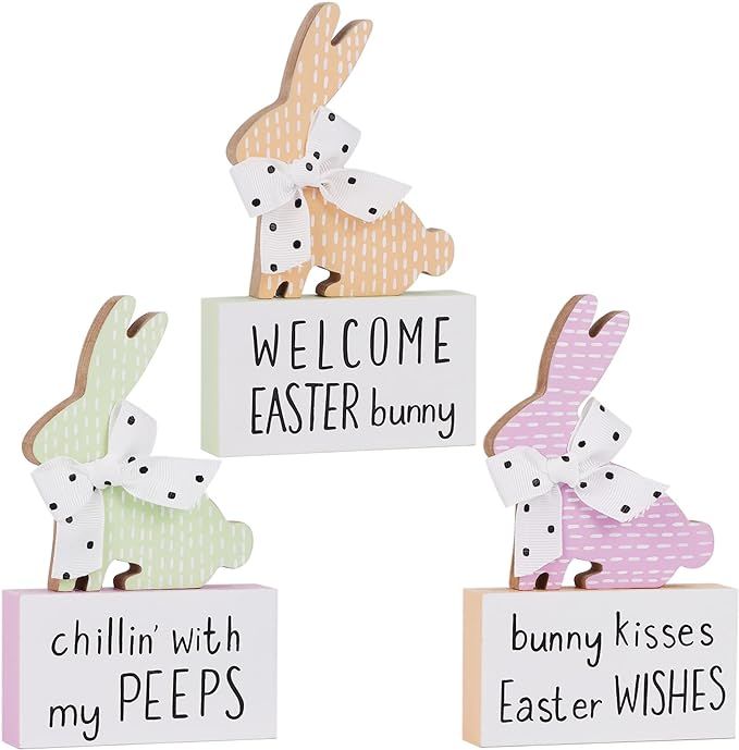 Adroiteet Set of 3 Easter Bunny Table Wooden Signs, Easter Tiered Tray Decor Bunny Figurine Rabbi... | Amazon (US)