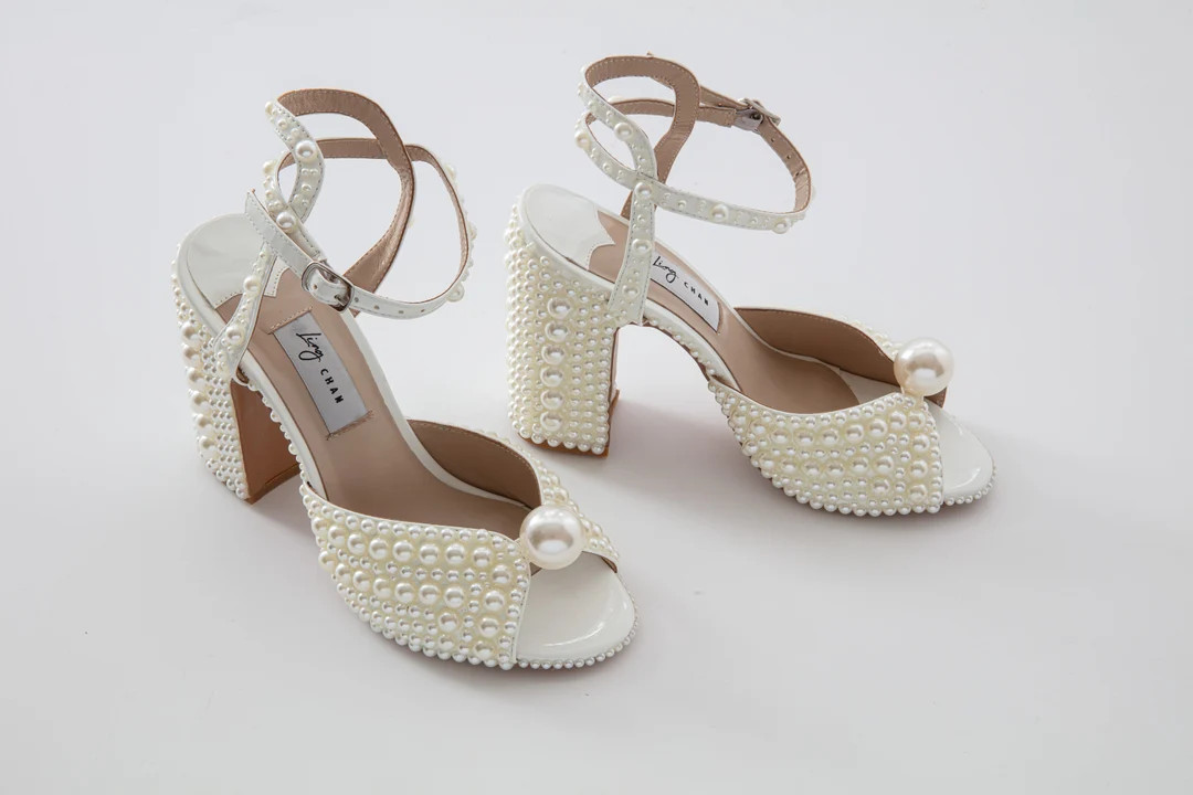 Ceres100 I All-over Pearlembellishmentchunkyweddingsandals I Blockbridalheels I Open-toeweddingsh... | Etsy (US)