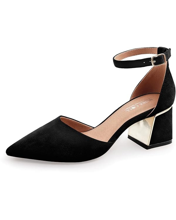 BCTEX COLL Womens Pointed Toe Pumps Shoes Ankle Strap Chunky Low Heels Metal Lined Sandals Design... | Amazon (US)