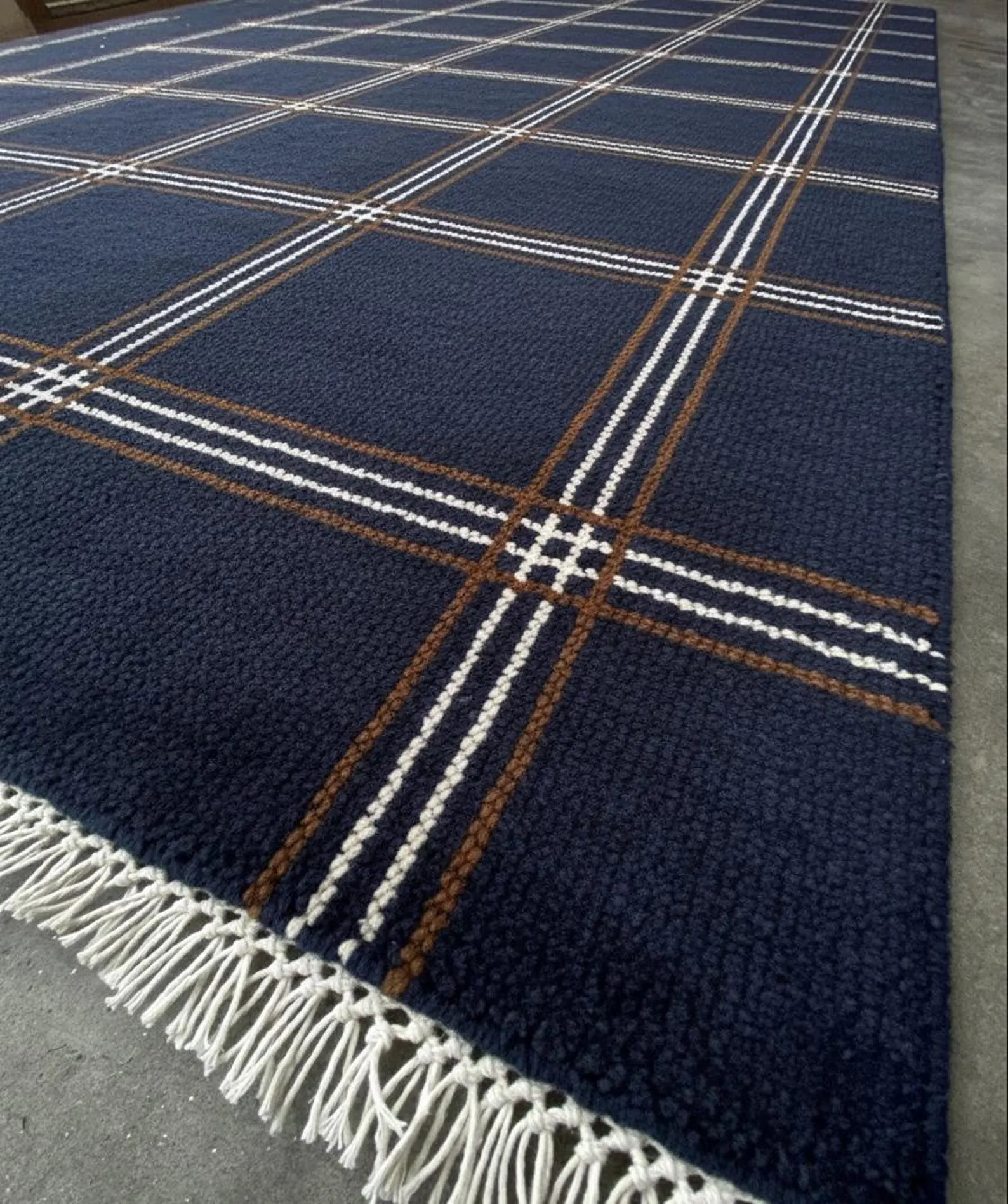 Hand Knotted Navy Blue Plaid Wool Rug Luxury Checkered Area Carpet | Etsy (Global)