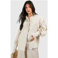 boohoo Women's Maternity Stripe Linen Look Oversized Shirt in Stone | Size: 8 | Boohoo.com (UK & IE)
