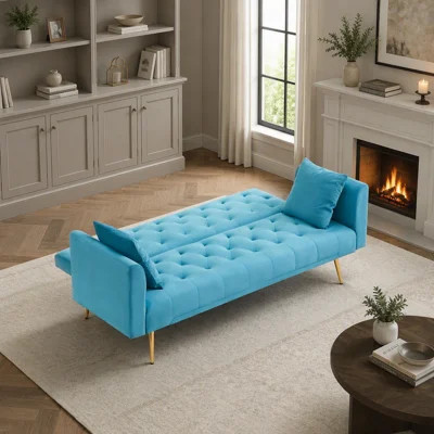 71 Inch Convertible Loveseat Sofa, American Retro Style, Light Blue Velvet, Ideal for Small Living Rooms and Bedrooms | Wayfair North America