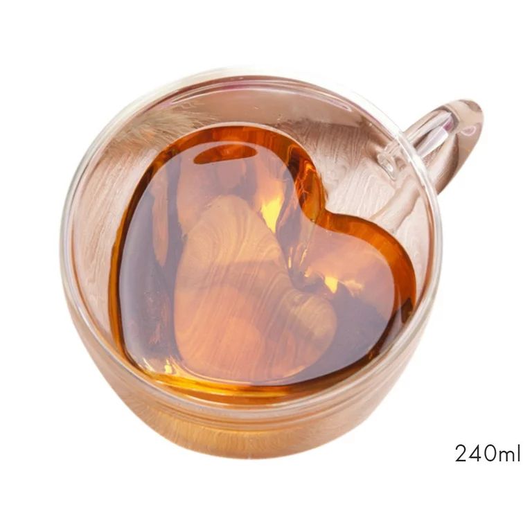 Valatala 180ml/240ml Heart Shaped Double Wall Glass Mug Heat Resistant Tea Mug | Walmart (US)