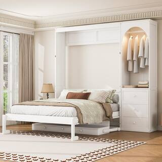 White Wood Frame Queen Size Murphy Bed with Storage Shelf, LED Light Closet Rod and 3-Drawers | The Home Depot