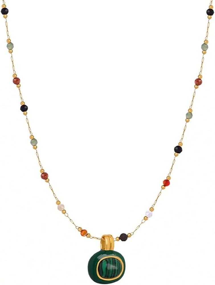 Karmiir Women's Pendant Necklace Beaded Natural Stones with Malachite/White Shell Pendant -18K Go... | Amazon (US)