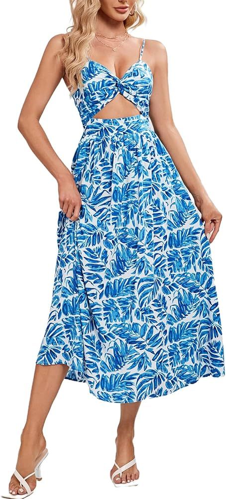 MakeMeChic Women's Boho Graphic Print Twist Front Cut Out Midi Cami Dress Backless High Waist Sum... | Amazon (US)