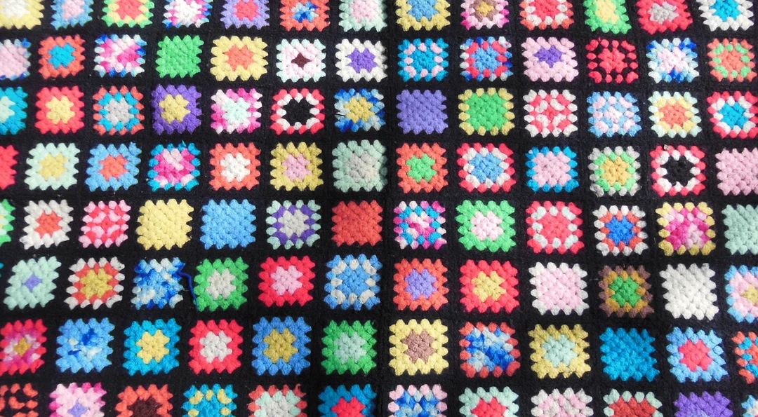 Vintage 43x80 Handmade Wool Afghan Black Multi Color Granny Squares Blanket Colorful Blanket Bed ... | Etsy (US)