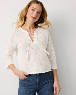 Women's Lace-Up Notch Neck Pullover Sweater in White size XXS | White House Black Market | White House Black Market