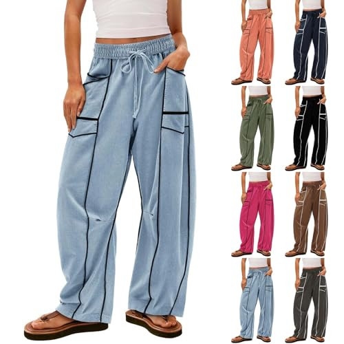 Barrel Sweatpants Women Baggy Drawstring Waist Straight Wide Leg Pants Contrast Barrel Leg Sweat Pants with Pockets Teens Spliced Abstract Pant Flowy Beach Vacation Lightweight Y2k Sweatpants | Amazon (US)