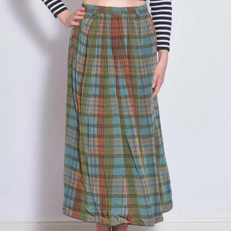 1980s Tartan Skirt | Size US 16 | High Waisted Blue Green Red Plaid Pleated A Line Viscose Midi S... | Etsy (EU)