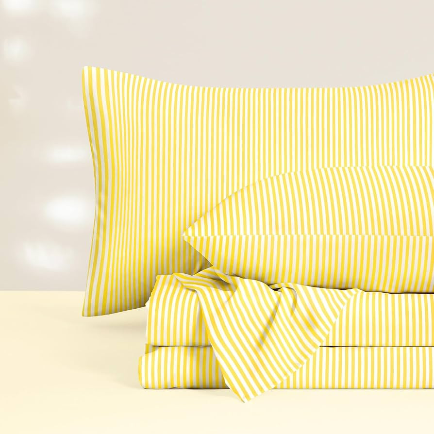 Wake In Cloud - Striped Bed Sheets, 4-Piece Sheet Set, Ticking Vertical Pin Stripe Modern Farmhou... | Amazon (US)