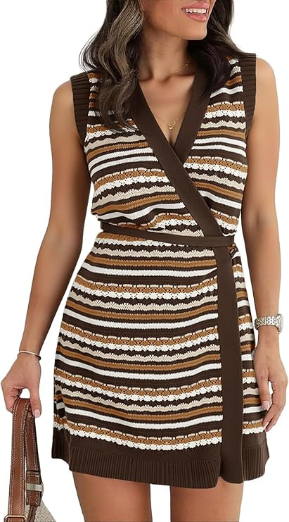 Saodimallsu Womens Wrap V Neck Mini Dress Striped Sleeveless Crochet Knit Tie Waist Beach Boho Co... | Amazon (US)